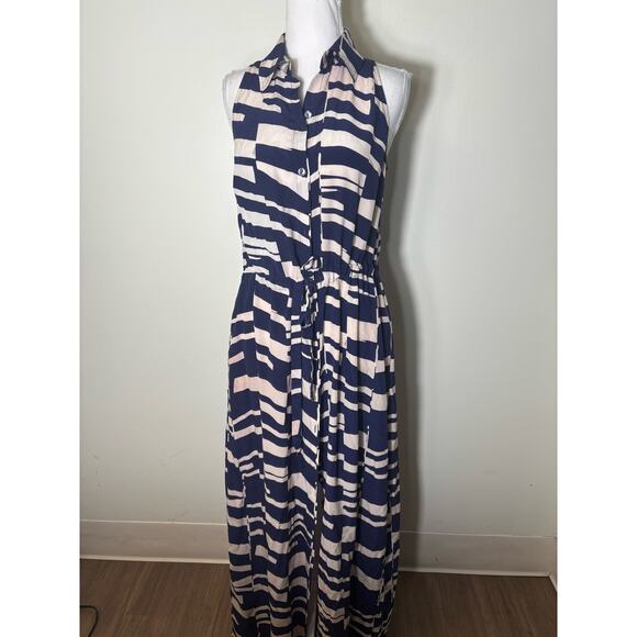 Trina Turk Navy Blue and White Print Silk Sleeveless Maxi Dress sz M - Picture 1 of 4